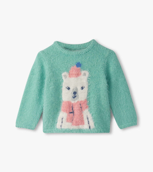 Furry mint green sweater featuring a polar bear design with a pink scarf and hat, suitable for baby and toddler girls.