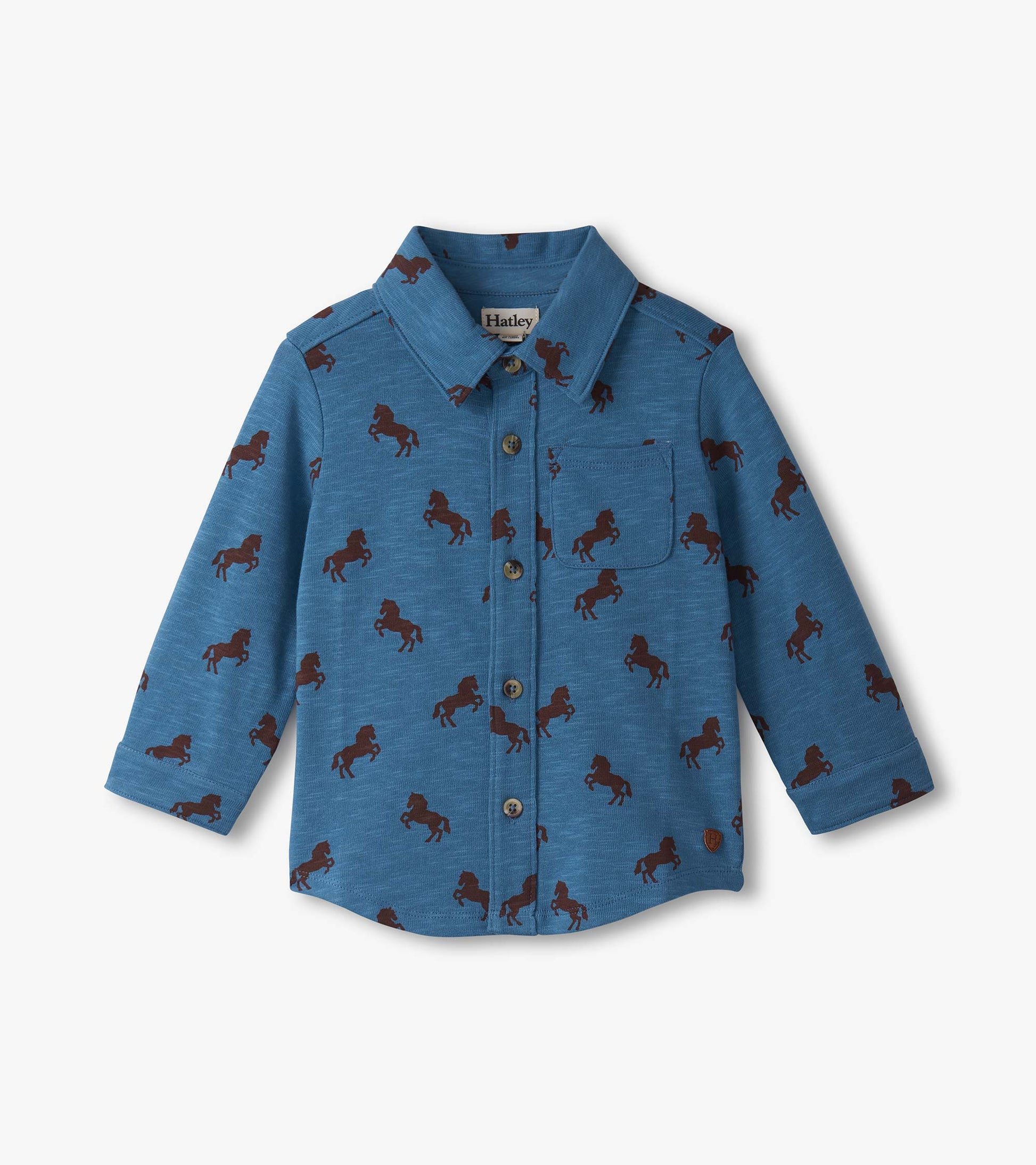 Blue button-down shirt for baby and toddler boys featuring a playful brown horse pattern. Long sleeves and chest pocket.