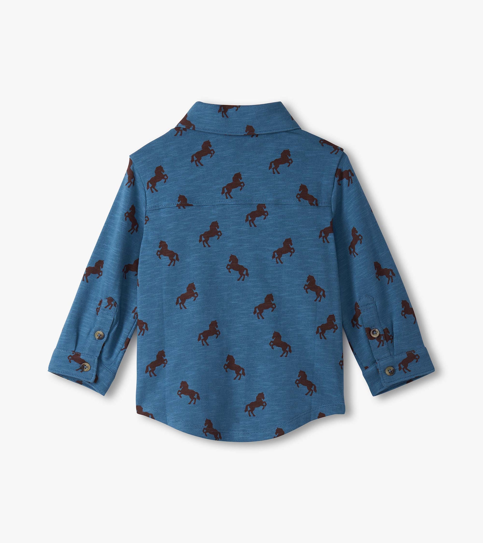 Blue button-down shirt for baby and toddler boys featuring a playful brown horse pattern. Long sleeves with button cuffs.