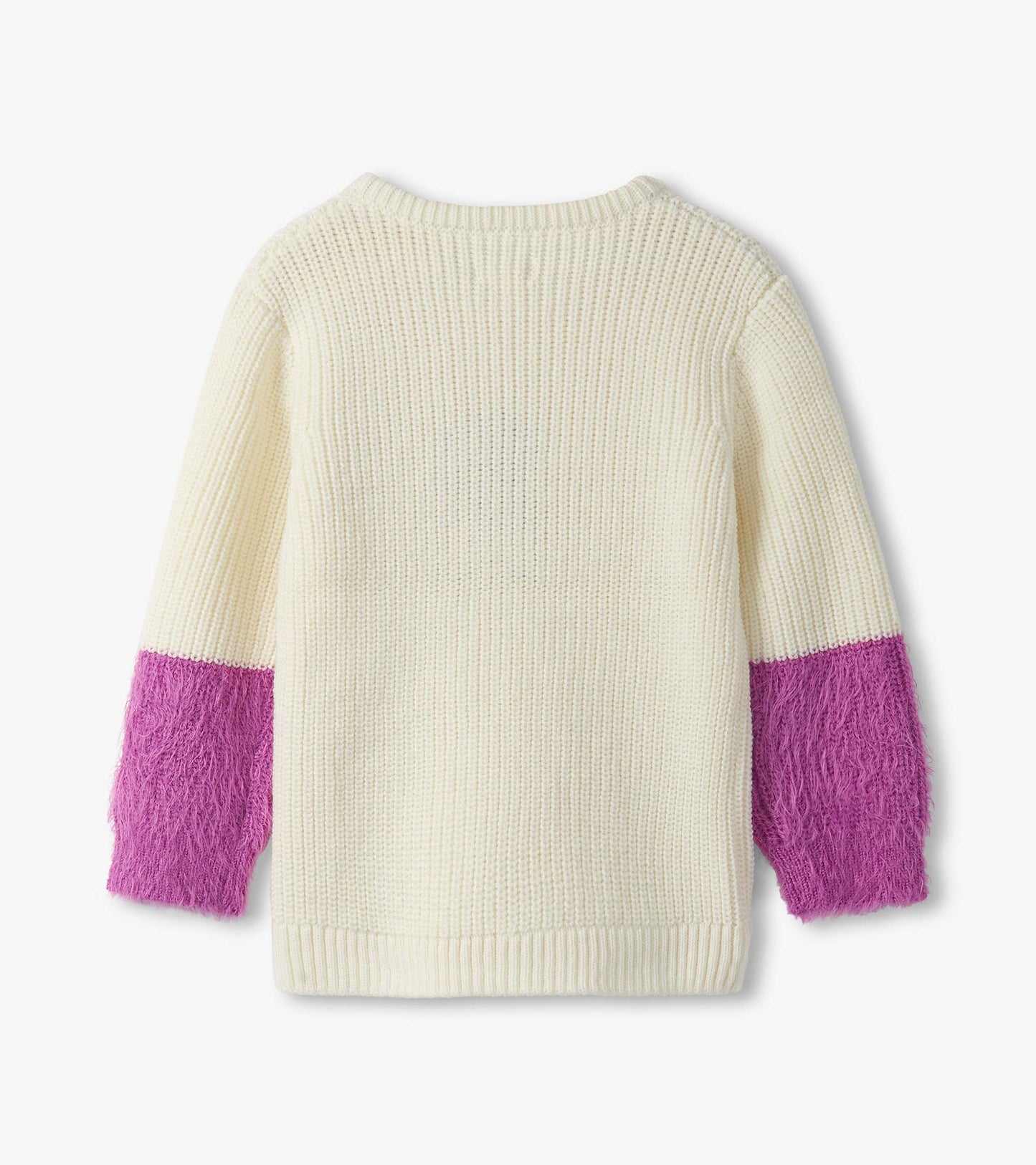 Cream sweater with fluffy purple sleeves, featuring a textured knit design and a classic crew neckline.