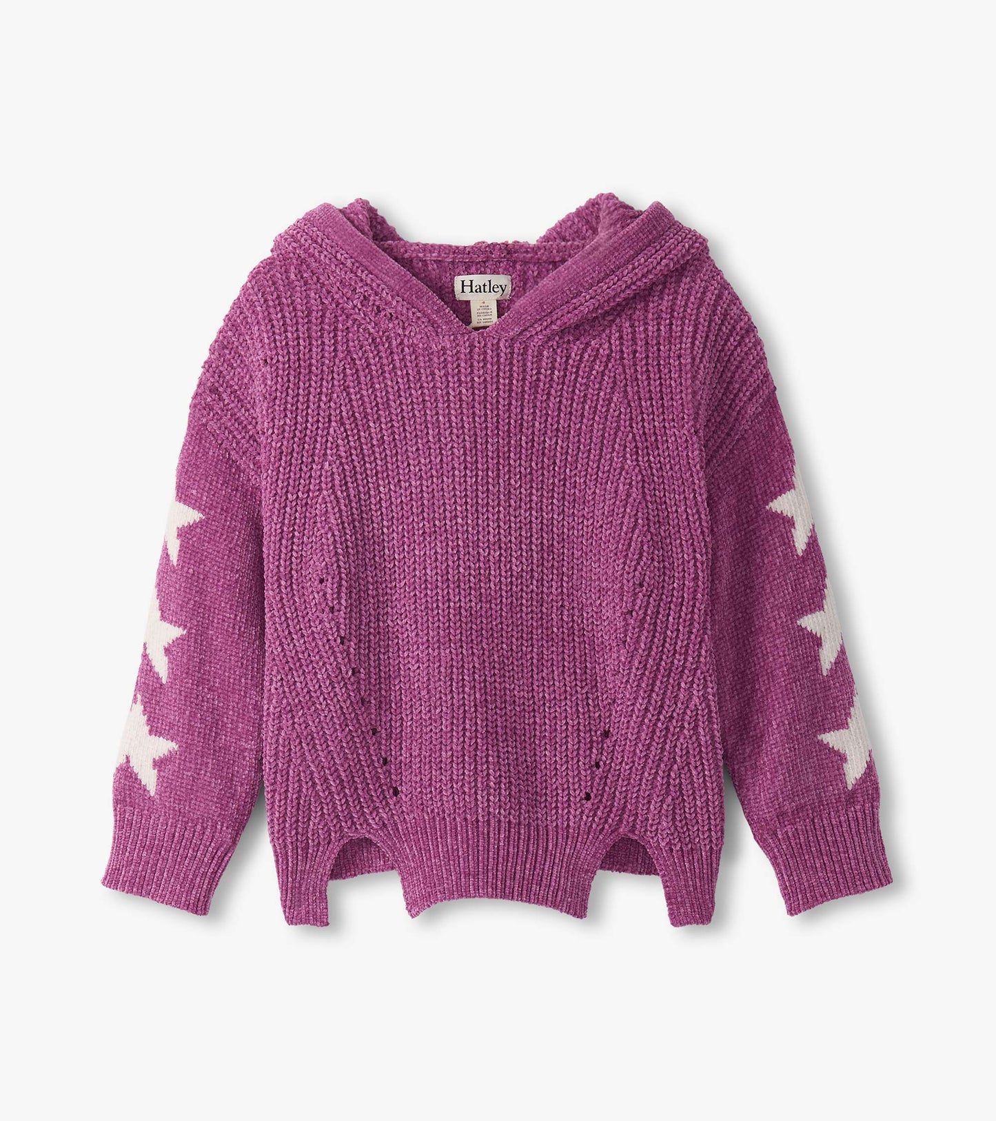Purple chenille pullover sweater with a hood and white star patterns on the sleeves, featuring a relaxed fit and side slits.
