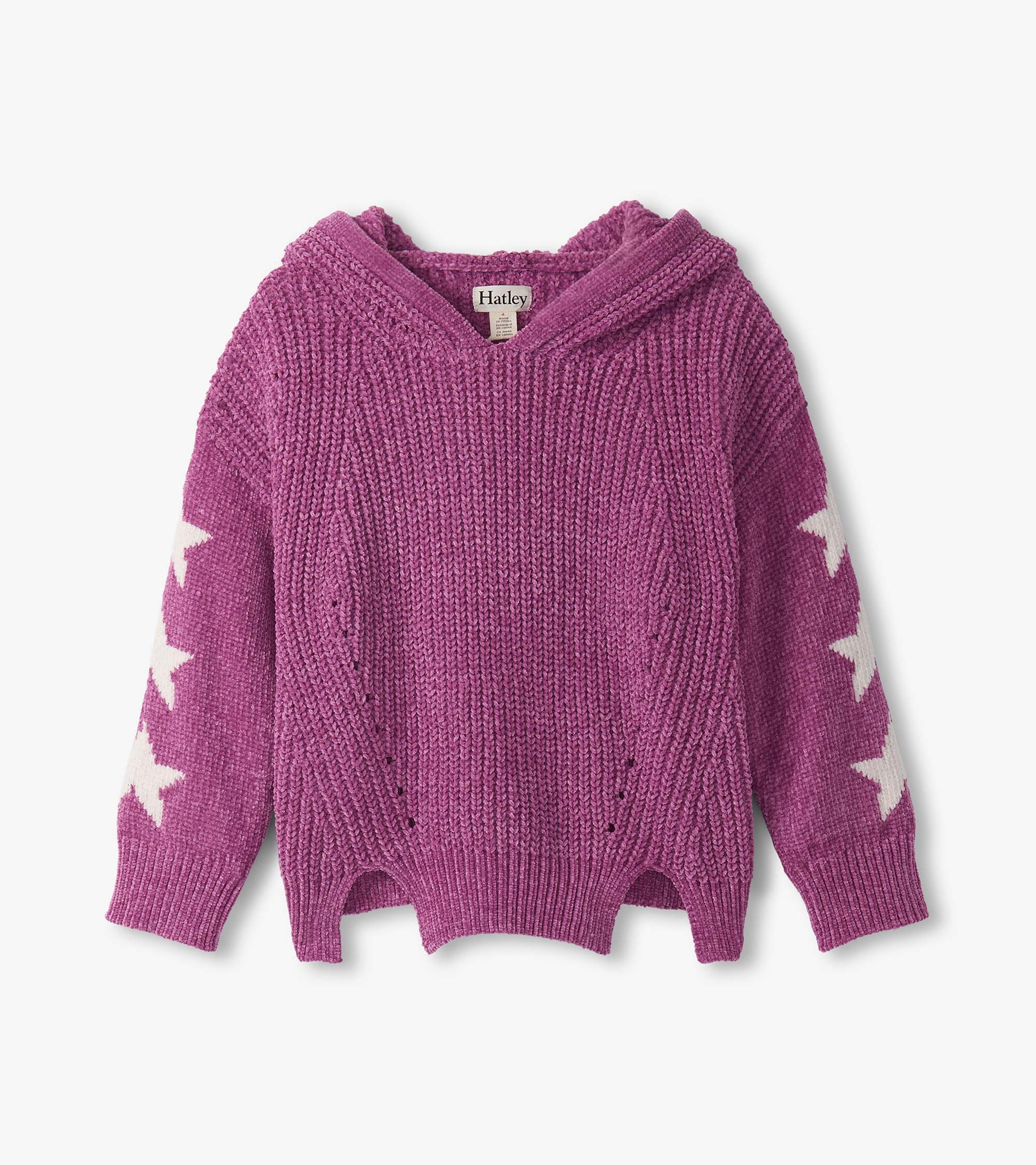 Purple chenille pullover sweater with a hood and white star patterns on the sleeves, featuring a relaxed fit and side slits.