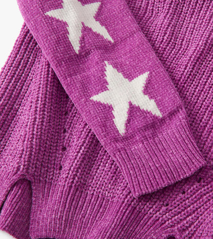Radiant orchid chenille pullover sweater with white star patterns and textured knit design.