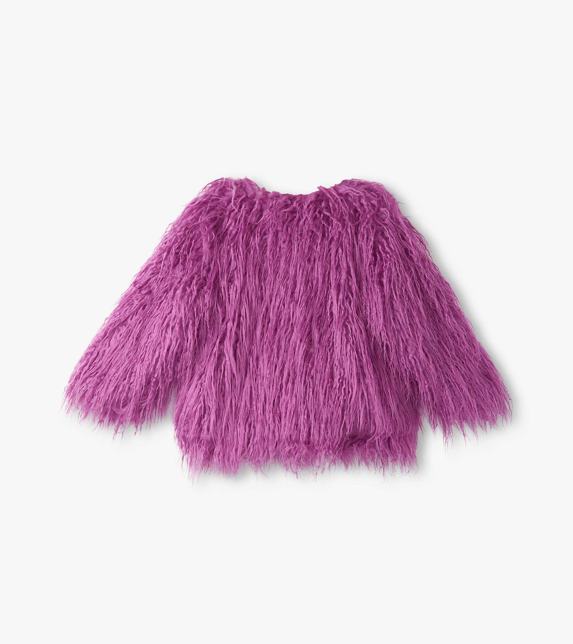 Faux fur topper in radiant orchid color with long, shaggy sleeves and a rounded neckline.
