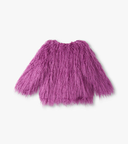 Faux fur topper in radiant orchid color with long, shaggy sleeves and a rounded neckline.
