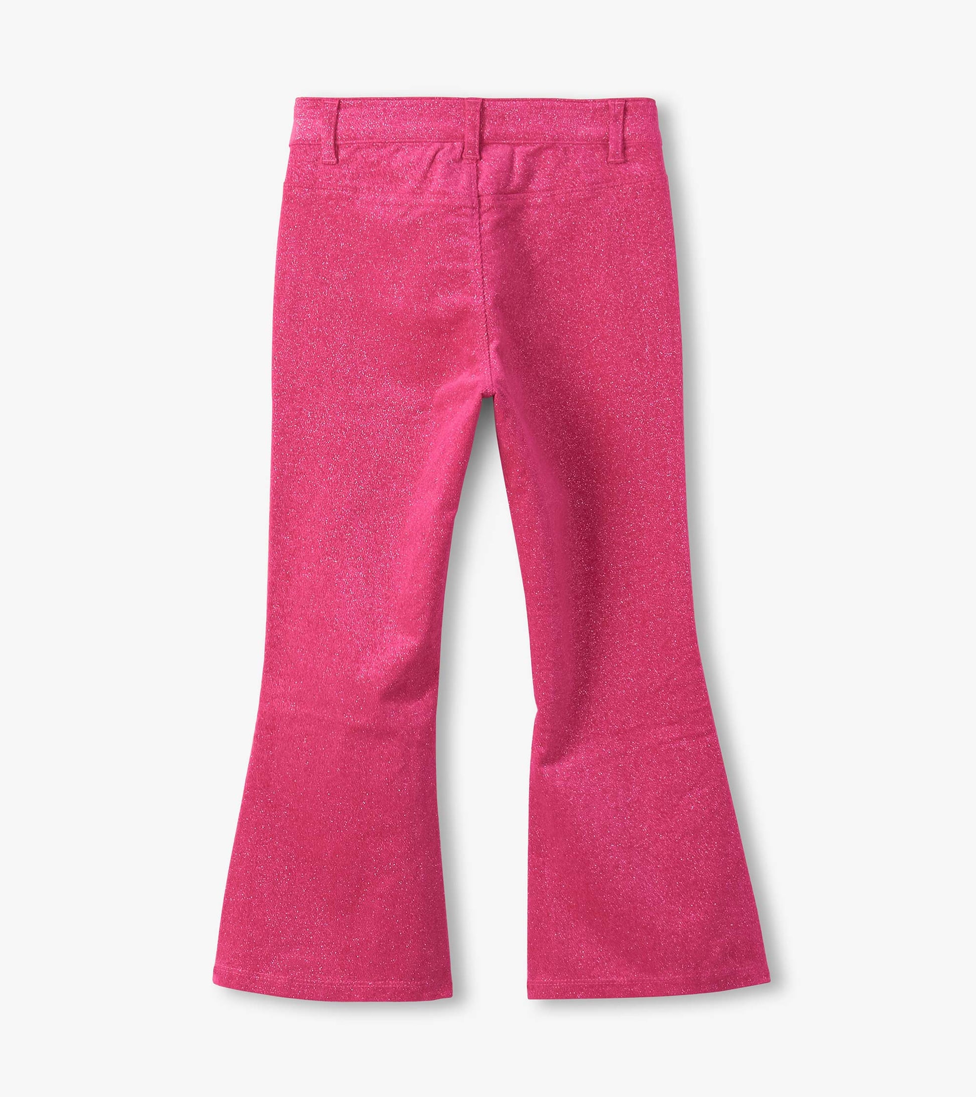 Flared pants in raspberry pink with a shiny finish, featuring patch pockets and a fitted waist.