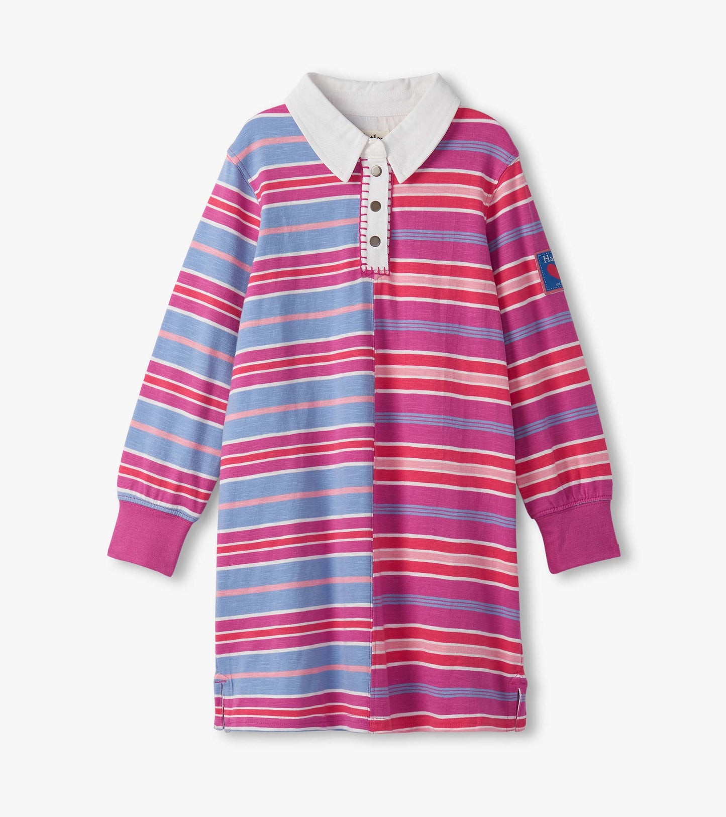 Long-sleeve polo dress featuring mixed stripes in pink, purple, and blue with a white collar and button placket.