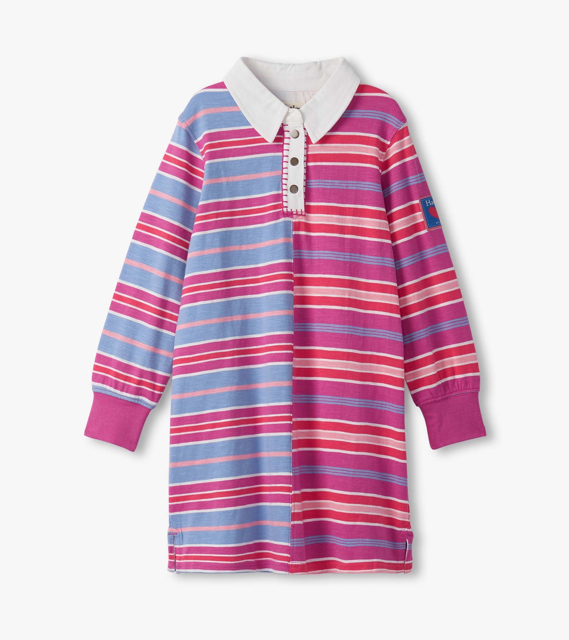 Long-sleeve polo dress featuring mixed stripes in pink, purple, and blue with a white collar and button placket.