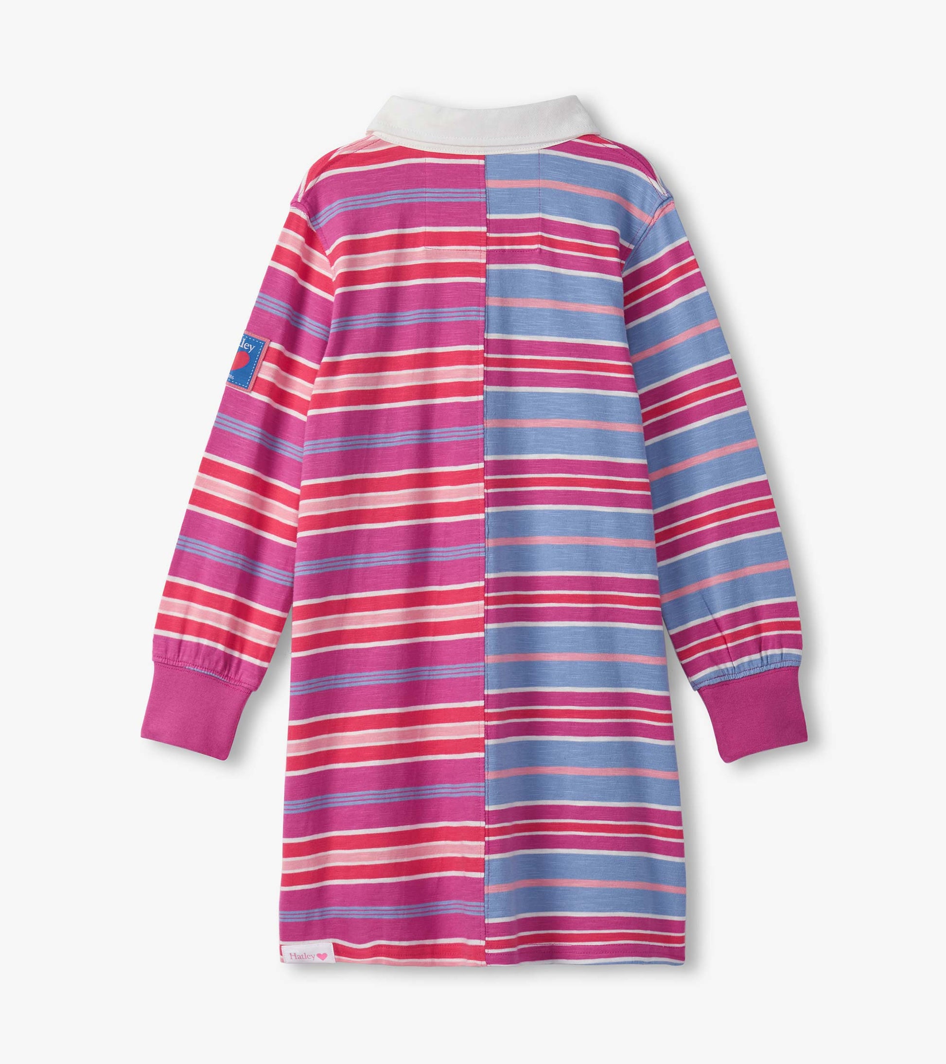 Long-sleeve polo dress featuring mixed pink and blue stripes with a white collar and elastic cuffs.