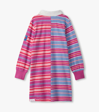 Long-sleeve polo dress featuring mixed pink and blue stripes with a white collar and elastic cuffs.