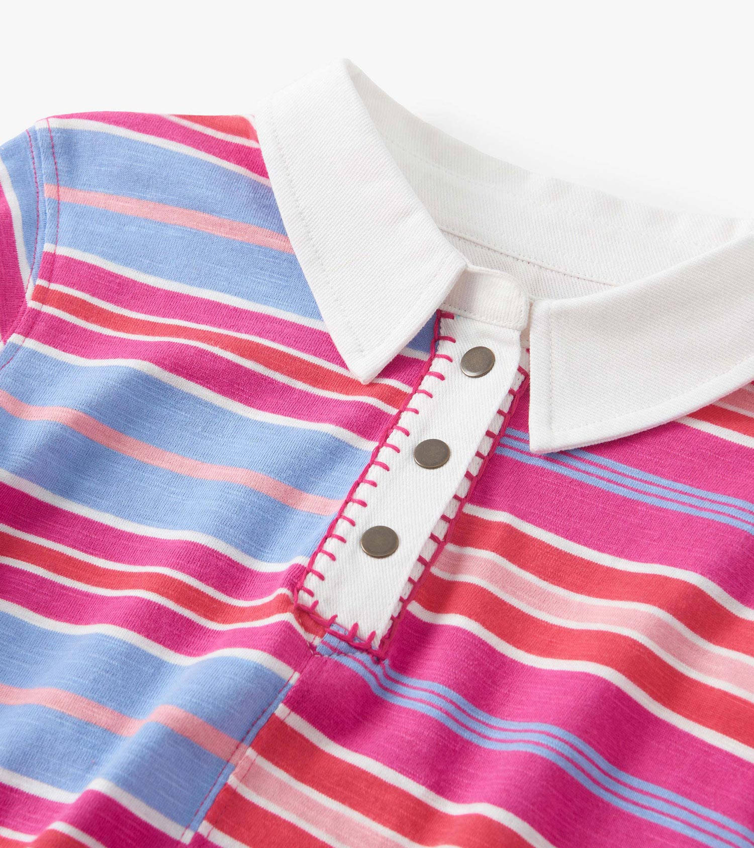 Polo dress featuring mixed stripes in pink, blue, and white with a white collar and button placket.