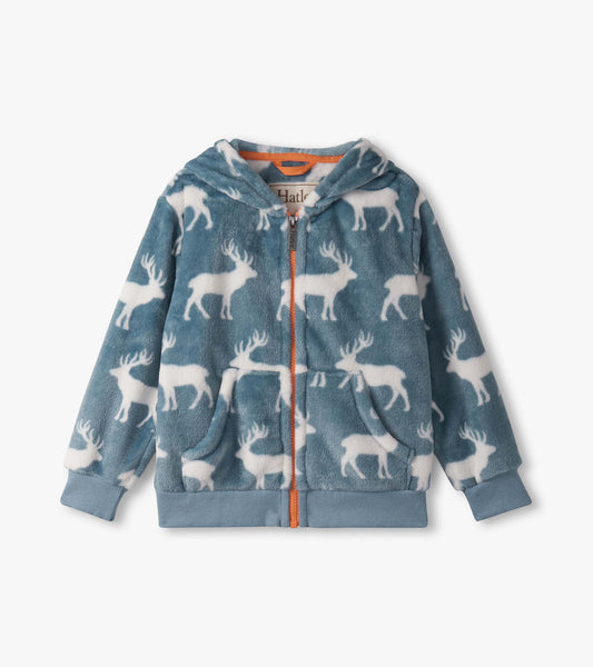 Boys Staggered Elks Fuzzy Fleece Zip-Up Hoodie