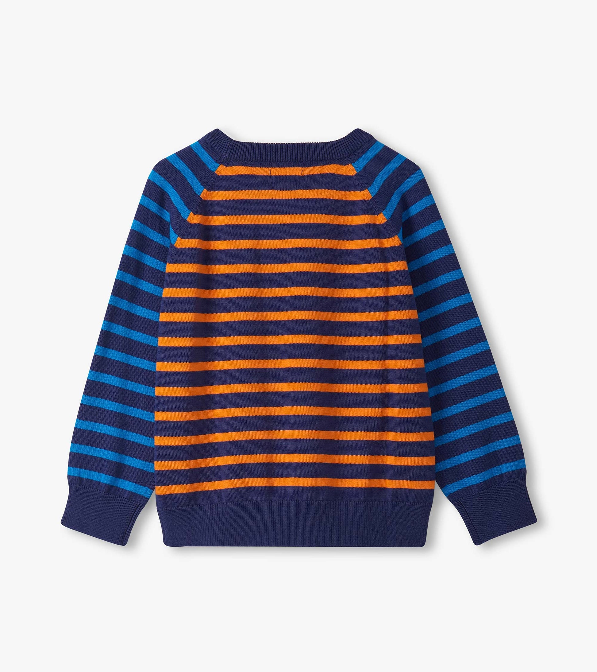 Raglan sweater featuring mixed stripes in navy, orange, and blue, with long sleeves and a crew neckline.
