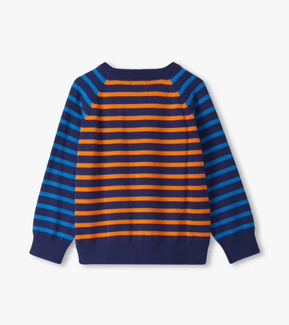 Raglan sweater featuring mixed stripes in navy, orange, and blue, with long sleeves and a crew neckline.