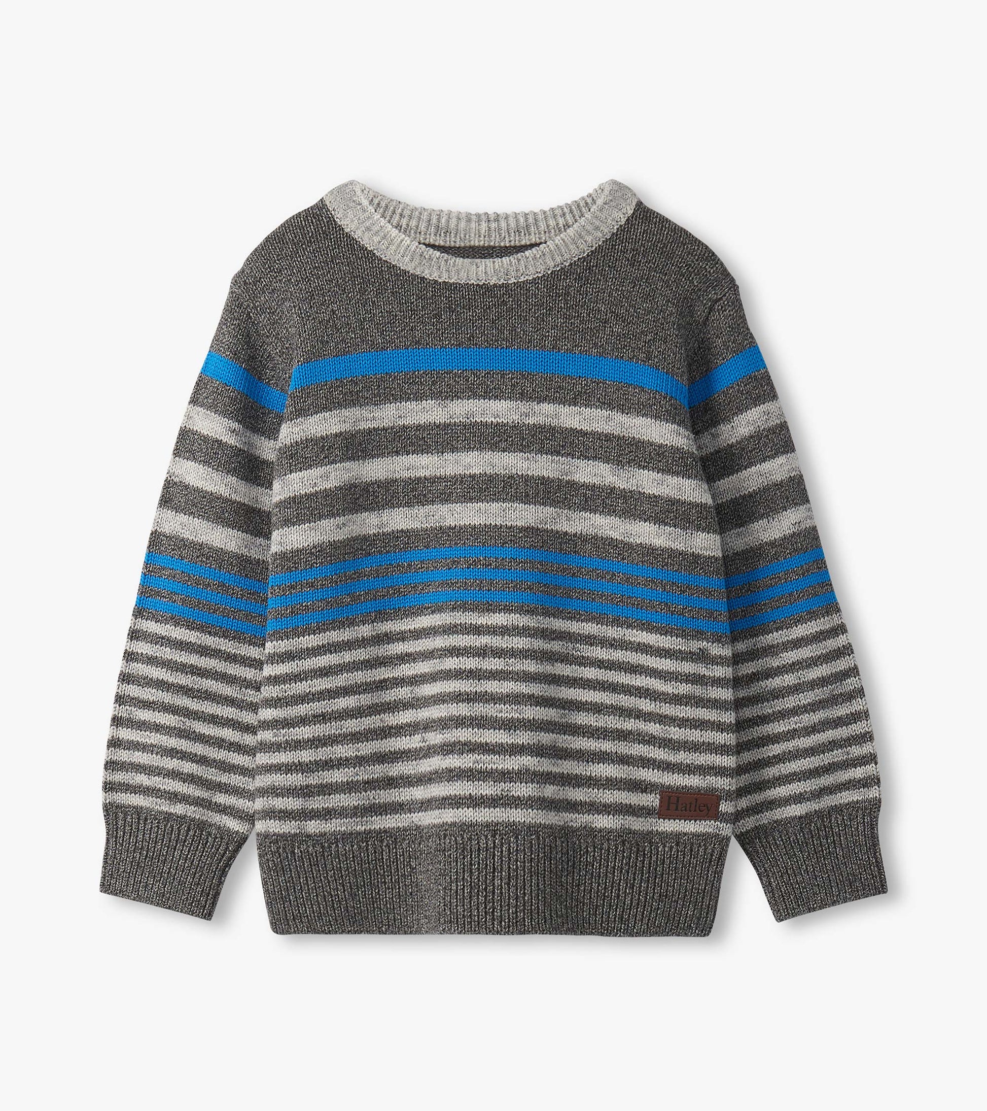 Gray crew neck sweater featuring speckled stripes in blue and gray tones, suitable for boys.