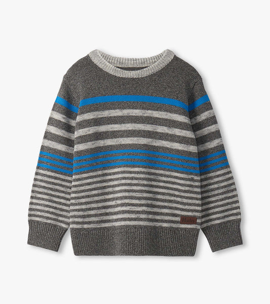 Gray crew neck sweater featuring speckled stripes in blue and gray tones, suitable for boys.