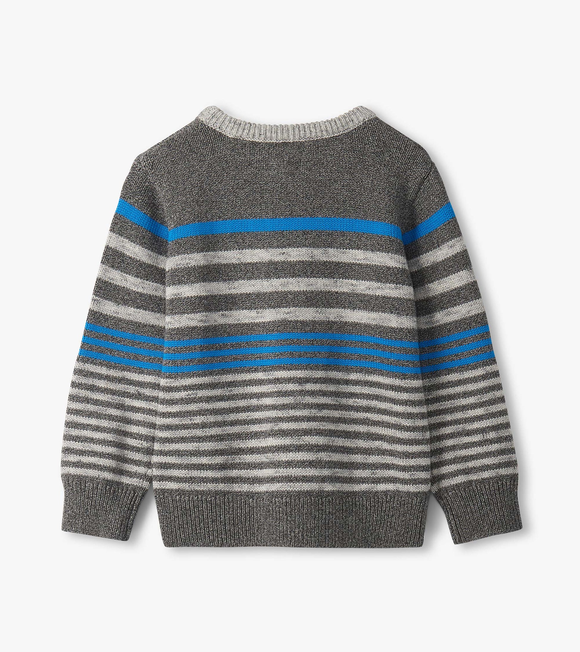 Gray crew neck sweater featuring speckled stripes in gray and blue, suitable for boys.