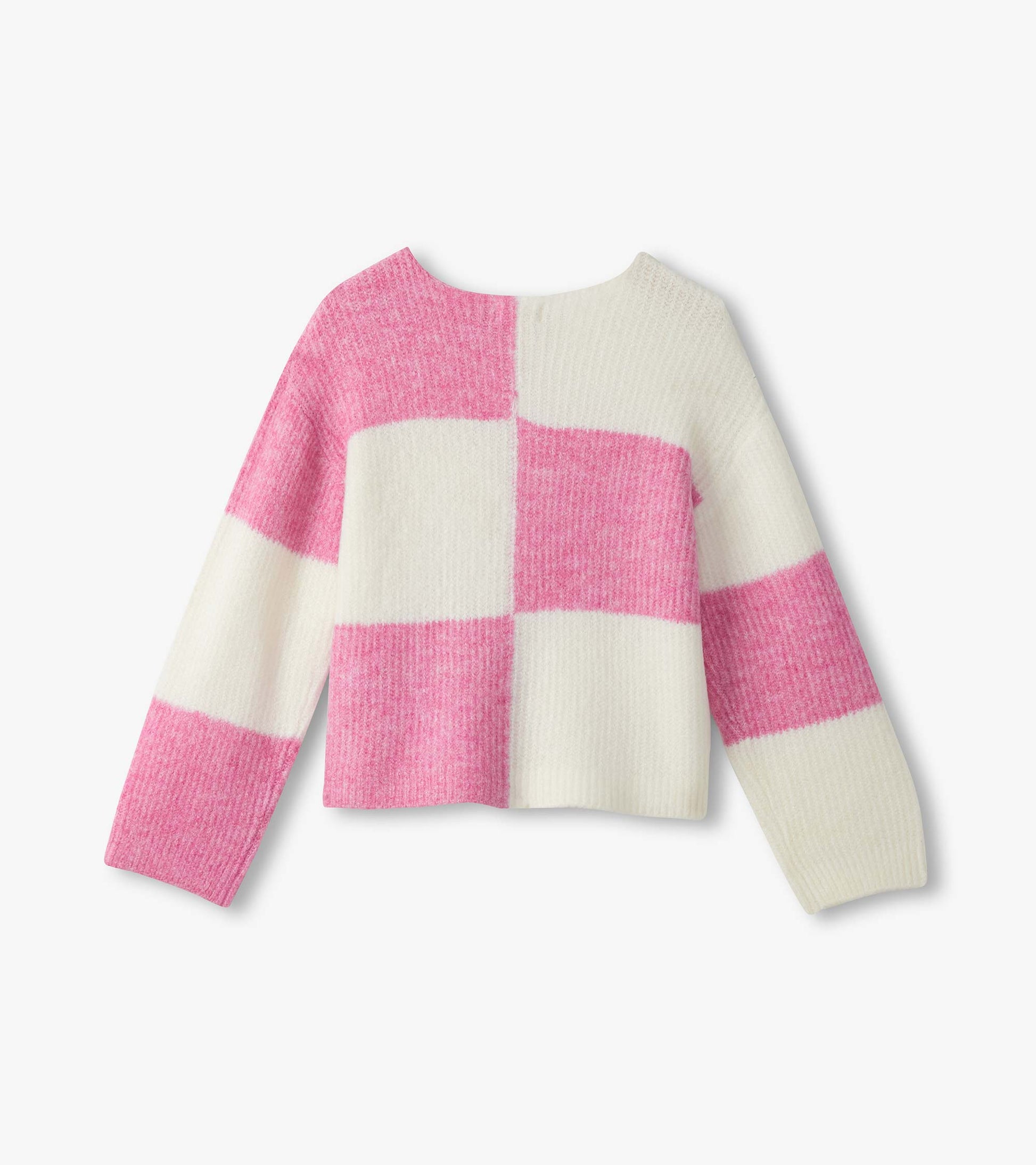 Pink and white checkered drop shoulder sweater with a soft texture and wide sleeves.