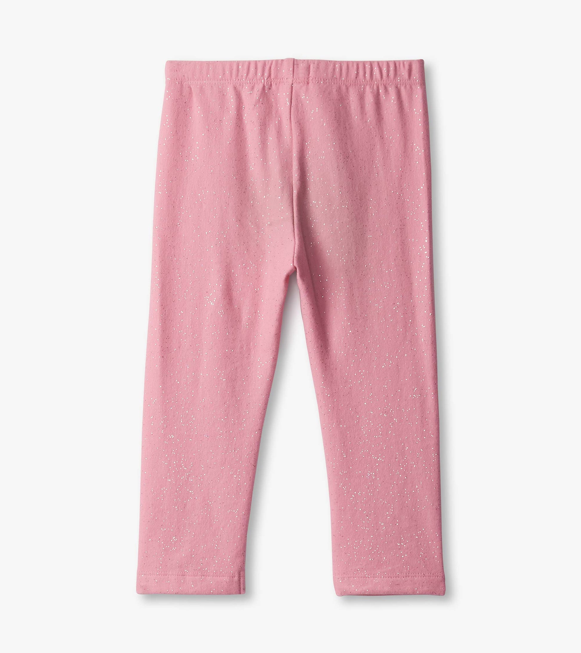 Sea pink cozy leggings with a soft texture and subtle glitter pattern, featuring an elastic waistband for comfort.