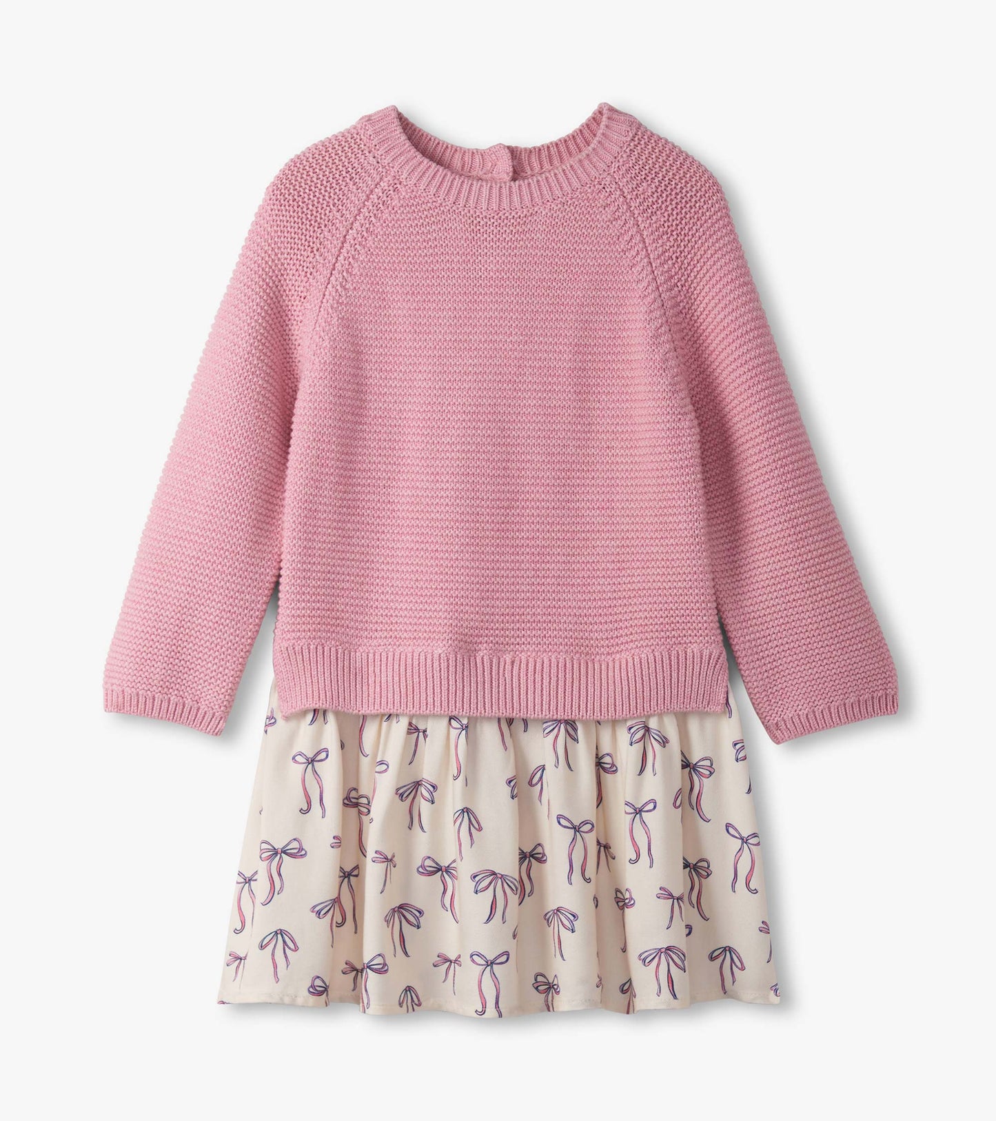 Pink knitted sweater top with a cream skirt featuring a bow print, suitable for baby and toddler girls.