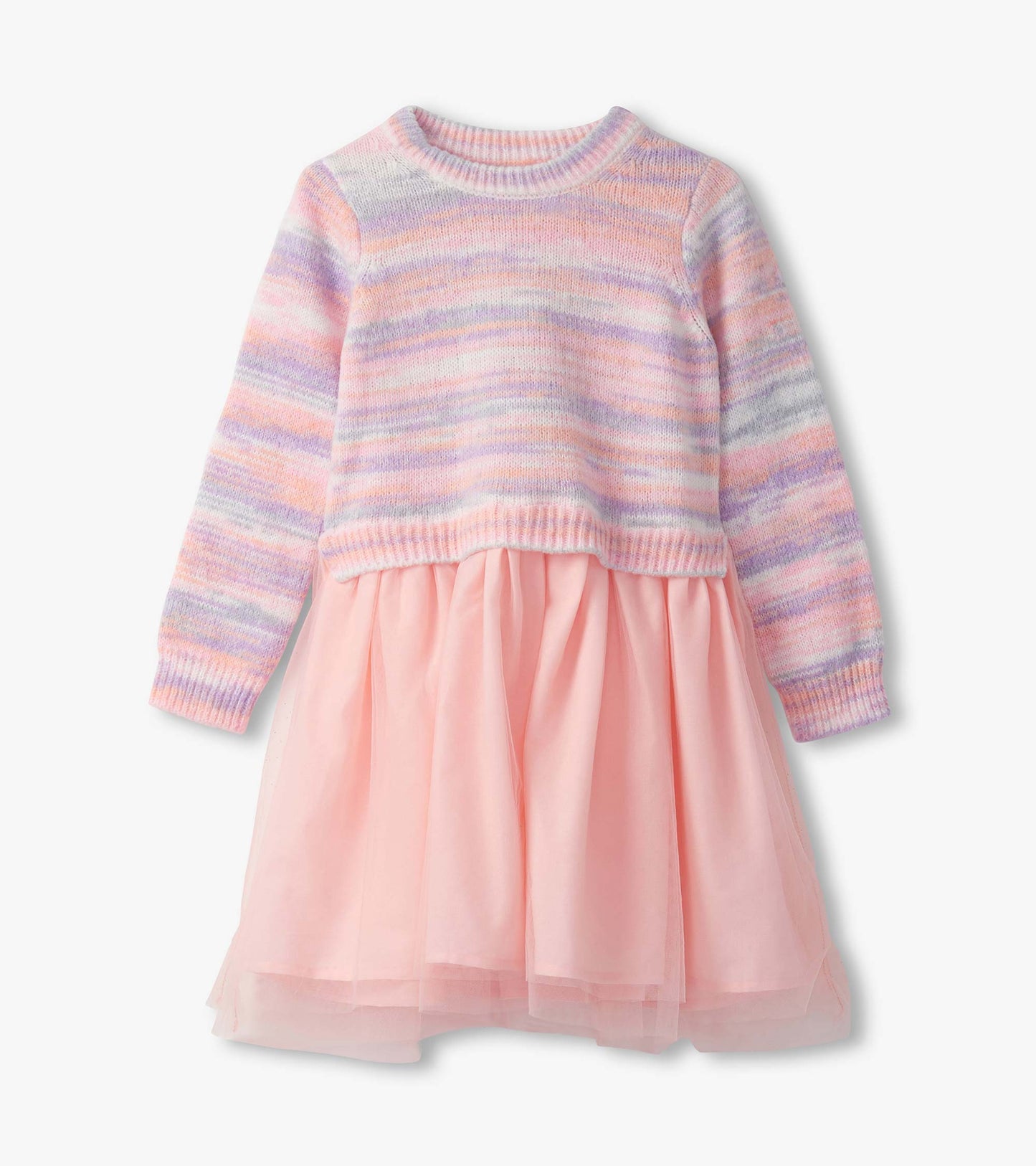 Pastel striped long-sleeve top with a pink tulle skirt, perfect for casual or dressy occasions.
