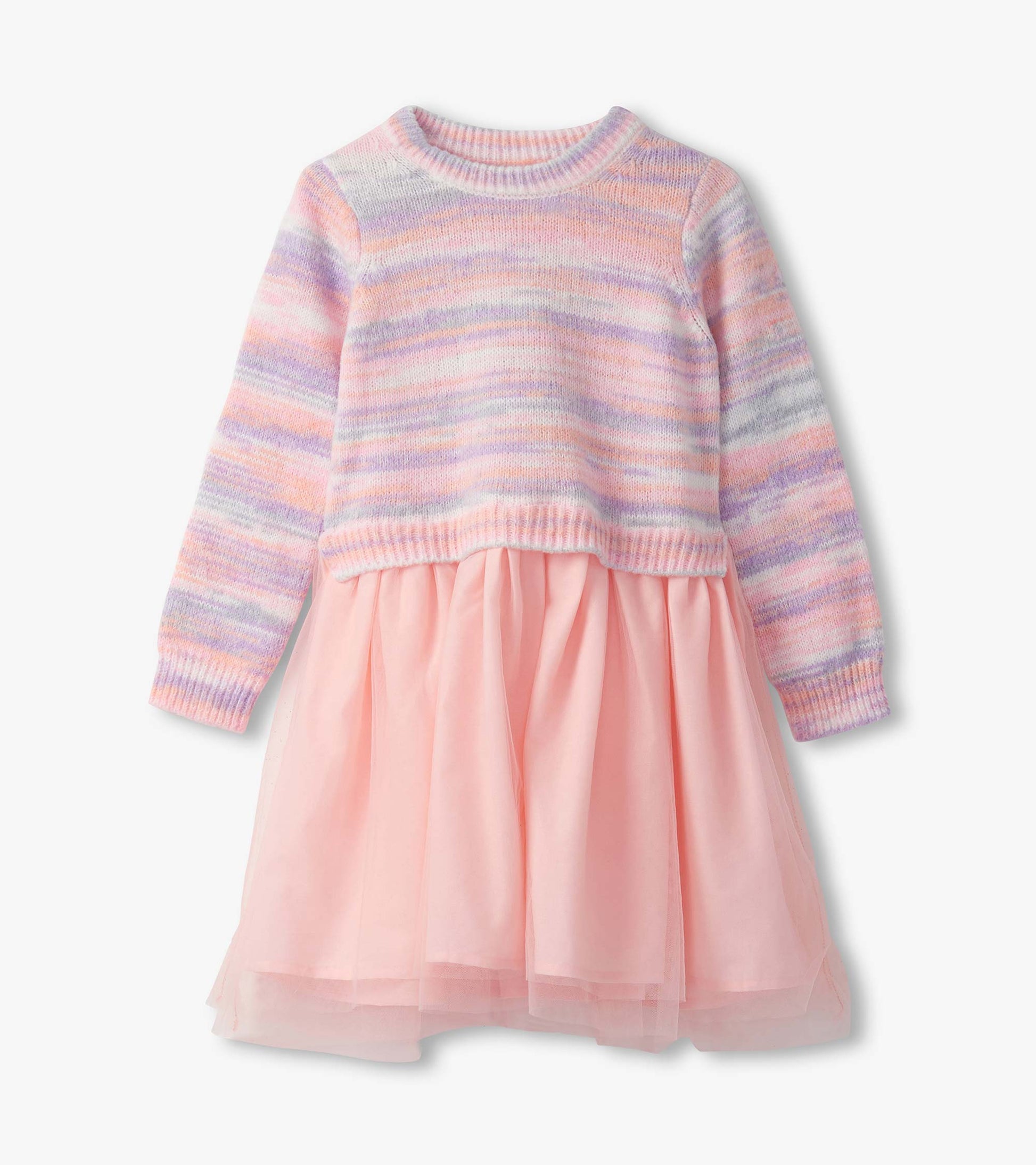 Pastel striped long-sleeve top with a pink tulle skirt, perfect for casual or dressy occasions.