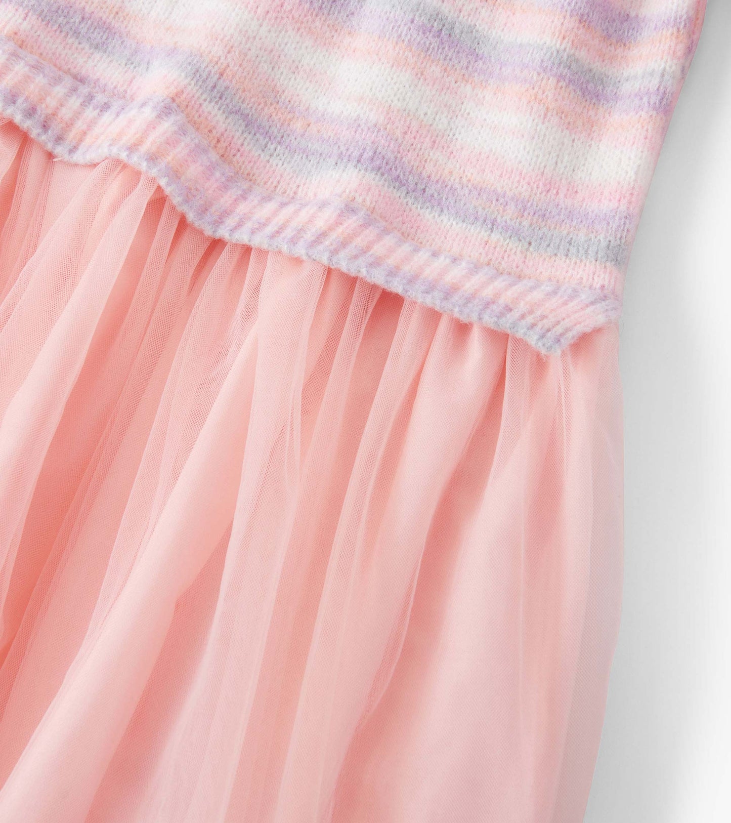 Pastel striped top with a fuzzy texture and a soft pink tulle skirt, perfect for girls' casual or dressy occasions.