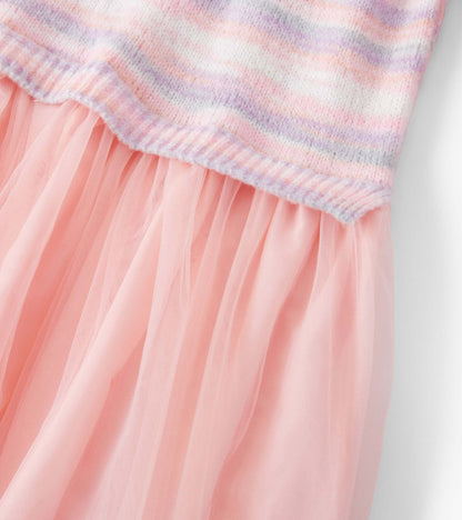 Pastel striped top with a fuzzy texture and a soft pink tulle skirt, perfect for girls' casual or dressy occasions.