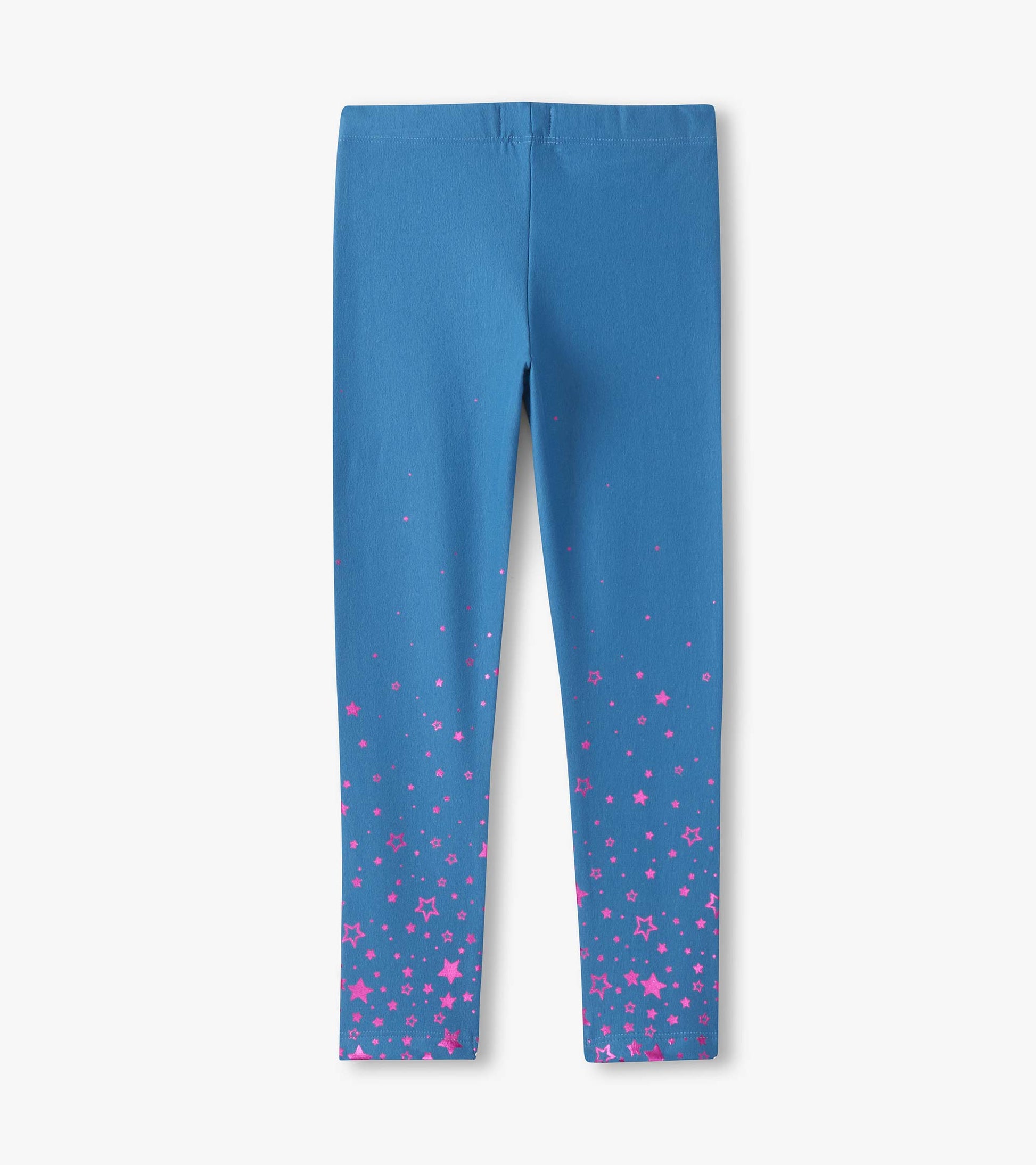 Blue leggings featuring a gradient of pink stars at the hem, designed for comfort and active wear.