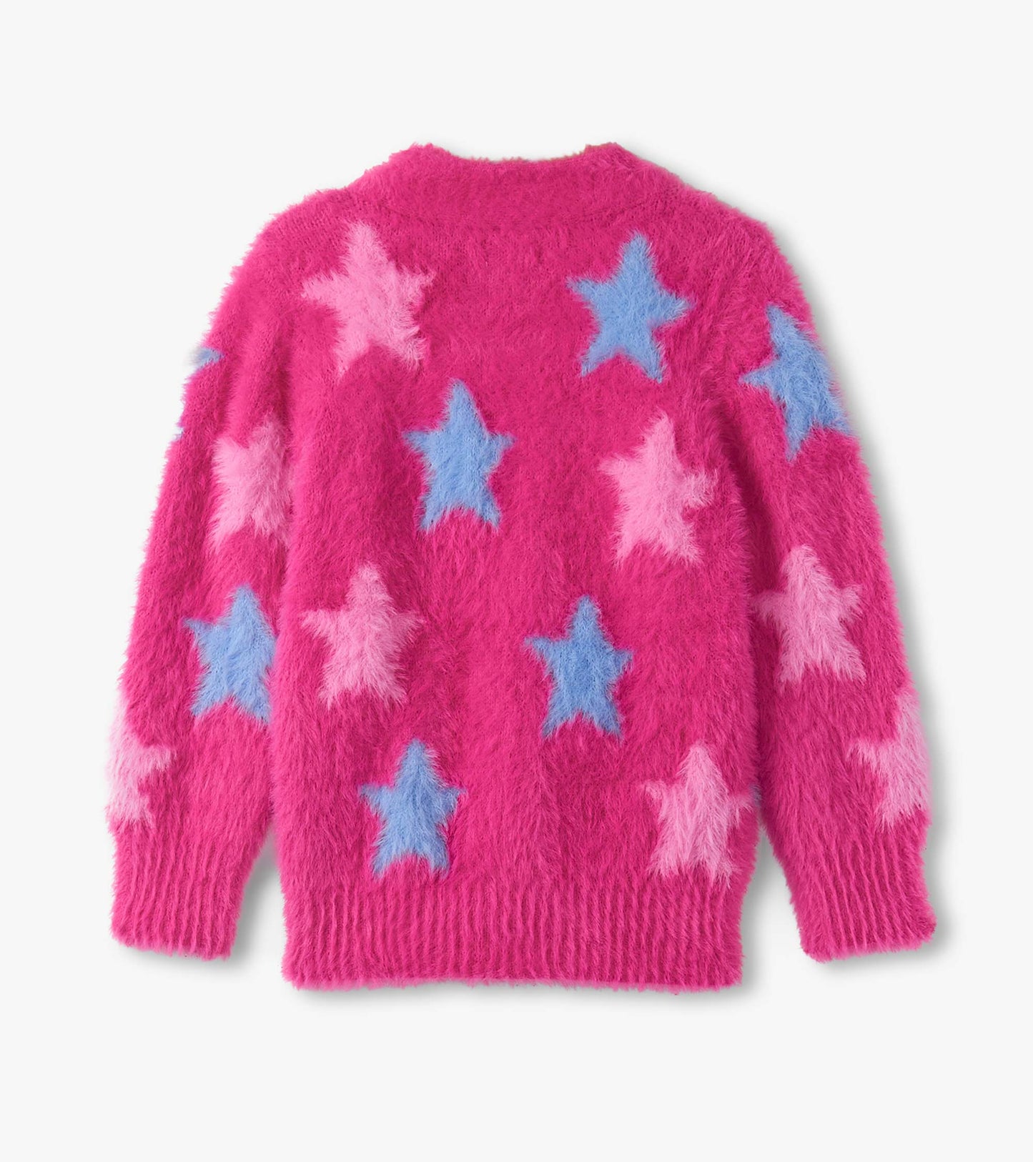 Fuzzy pink cardigan featuring colorful star patterns in blue and light pink, with a ribbed hem and long sleeves.
