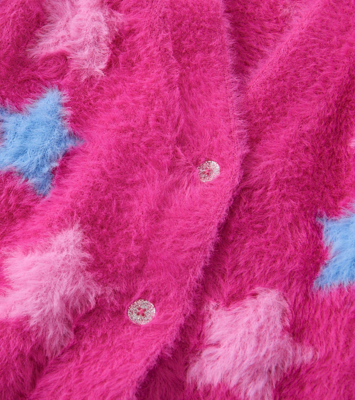 Fuzzy pink cardigan featuring colorful star patterns and decorative buttons, ideal for girls.
