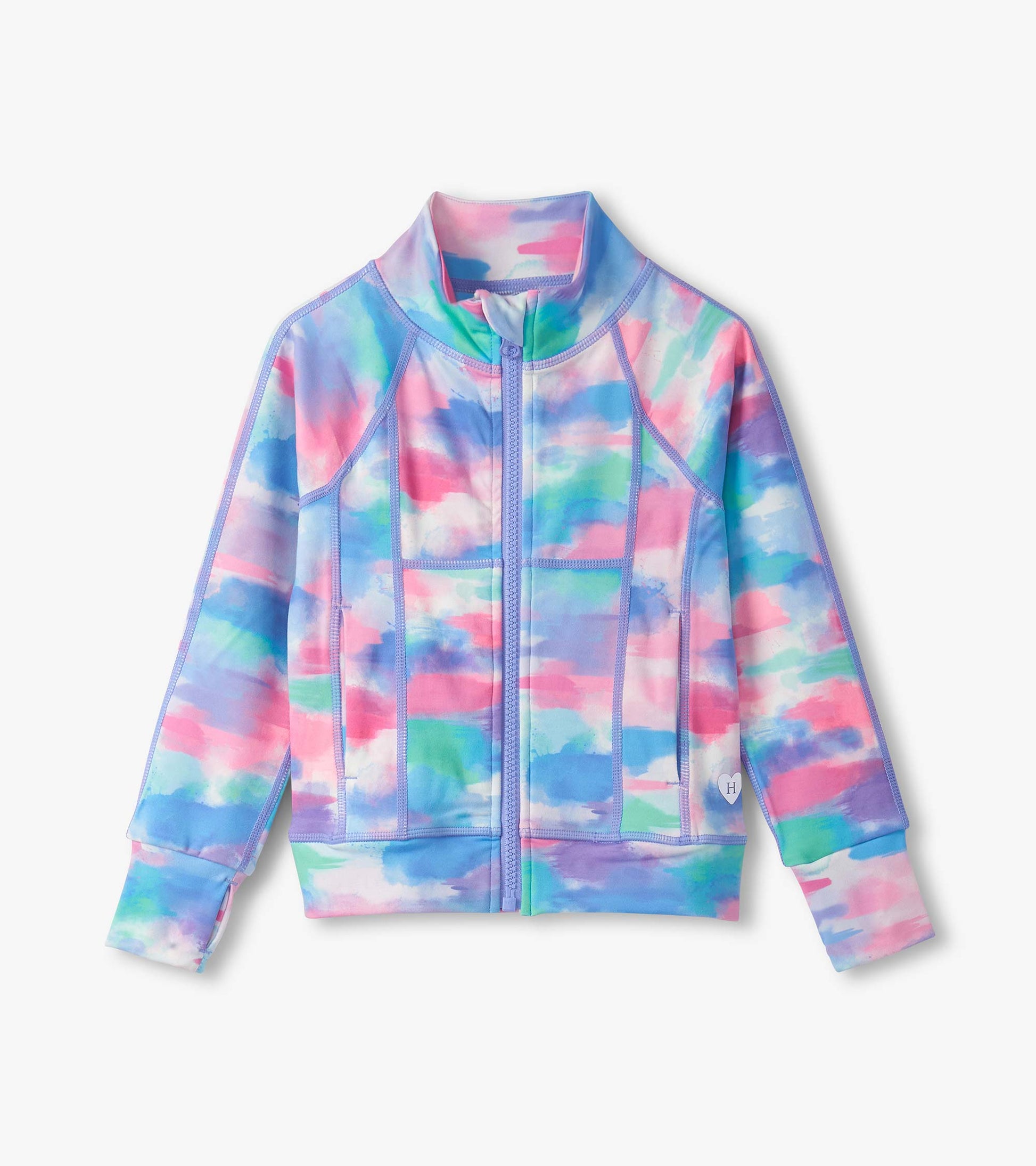 Colorful girls' active jacket featuring a zip front, high collar, and a watercolor pattern in pink, blue, and green.