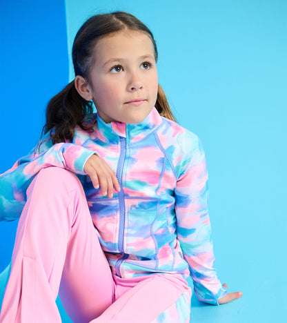 Colorful, lightweight active jacket featuring a pink and blue watercolor pattern, ideal for outdoor activities.