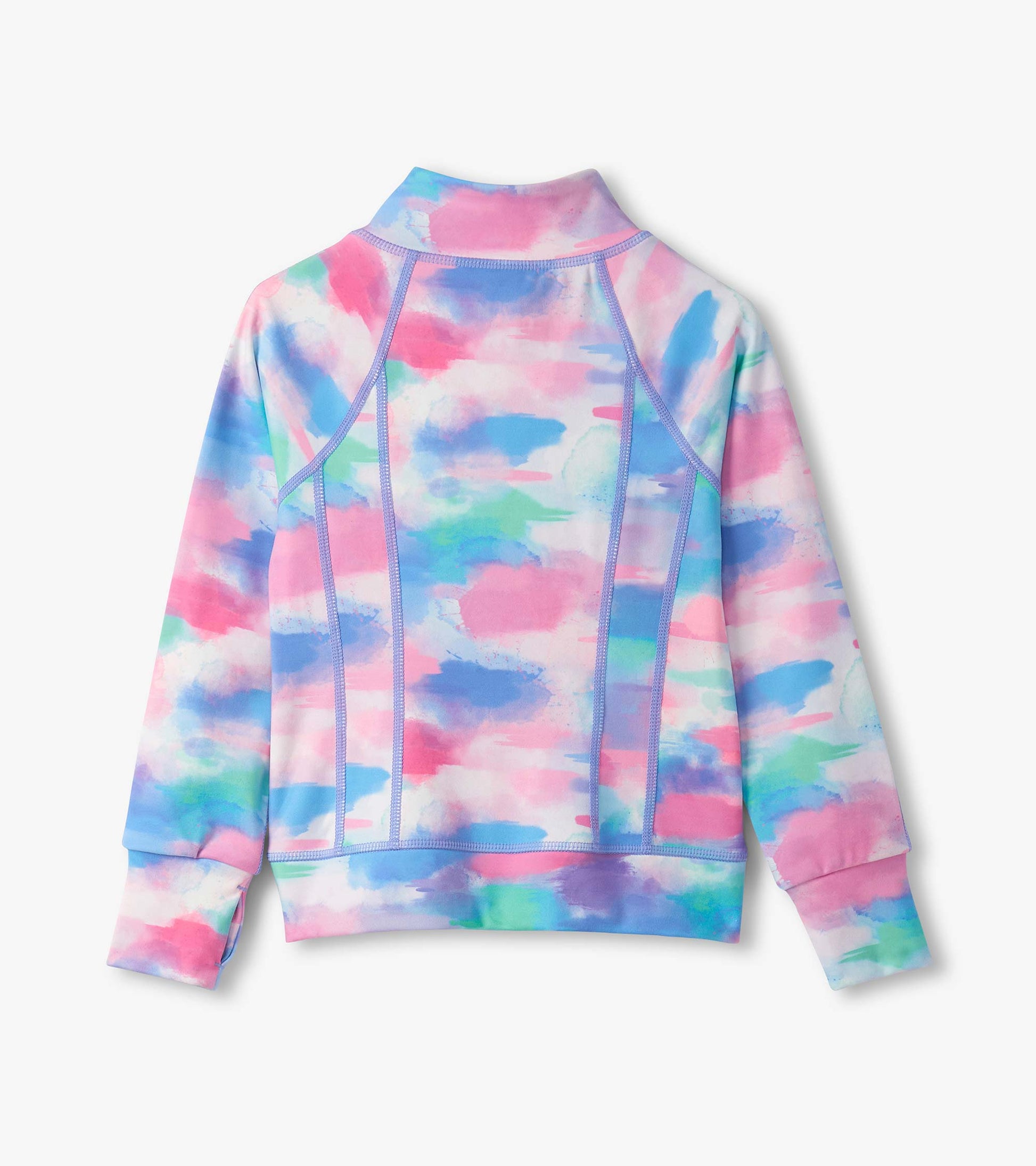 Colorful, lightweight active jacket with a watercolor pattern in pink, blue, and green; features a high collar and long slee…