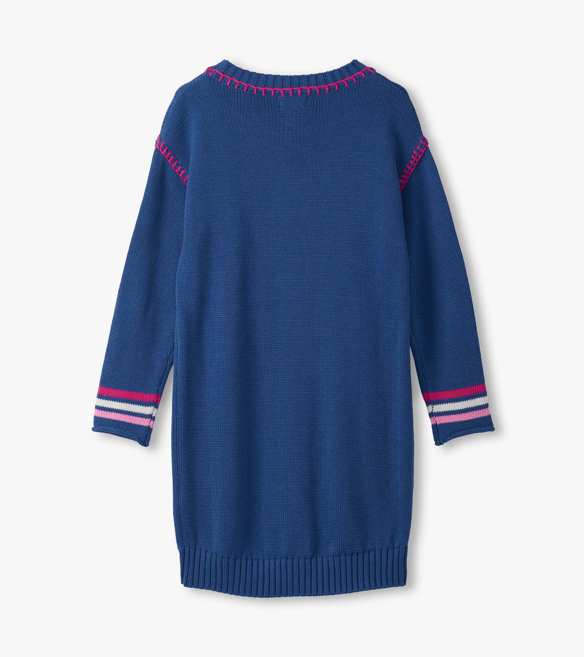 Blue drop shoulder sweater dress with pink and white striped accents on sleeves. Features a ribbed hem and neckline.