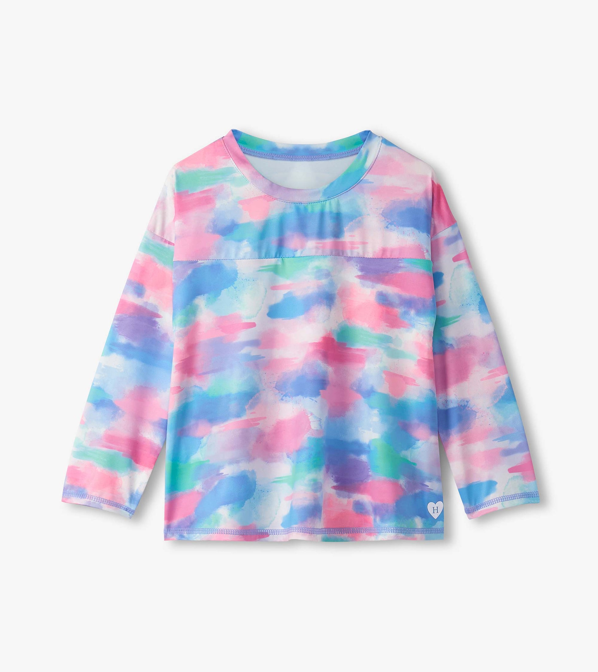 Long sleeve swing shirt in pastel colors with a watercolor pattern, featuring a round neckline and relaxed fit.