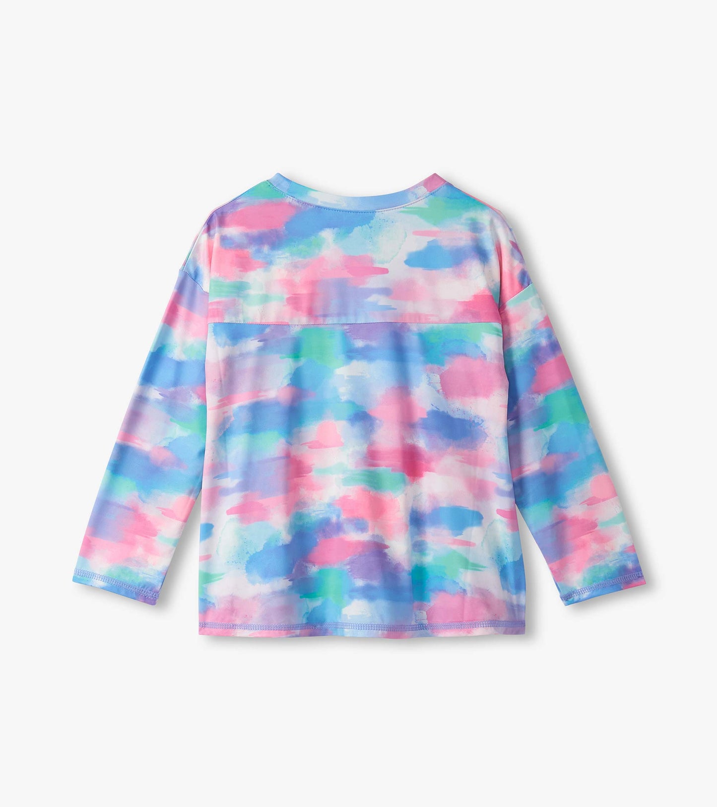 Long sleeve swing shirt in a colorful watercolor pattern featuring pink, blue, and green hues. Back view shown.