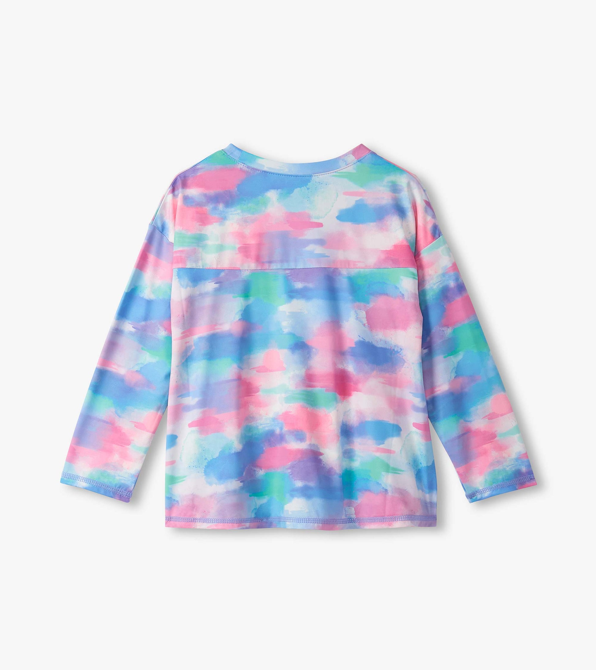 Long sleeve swing shirt in a colorful watercolor pattern featuring pink, blue, and green hues. Back view shown.