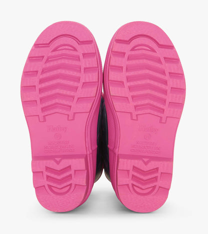 Pink rubber soles of rain boots with textured grip pattern, designed for kids.