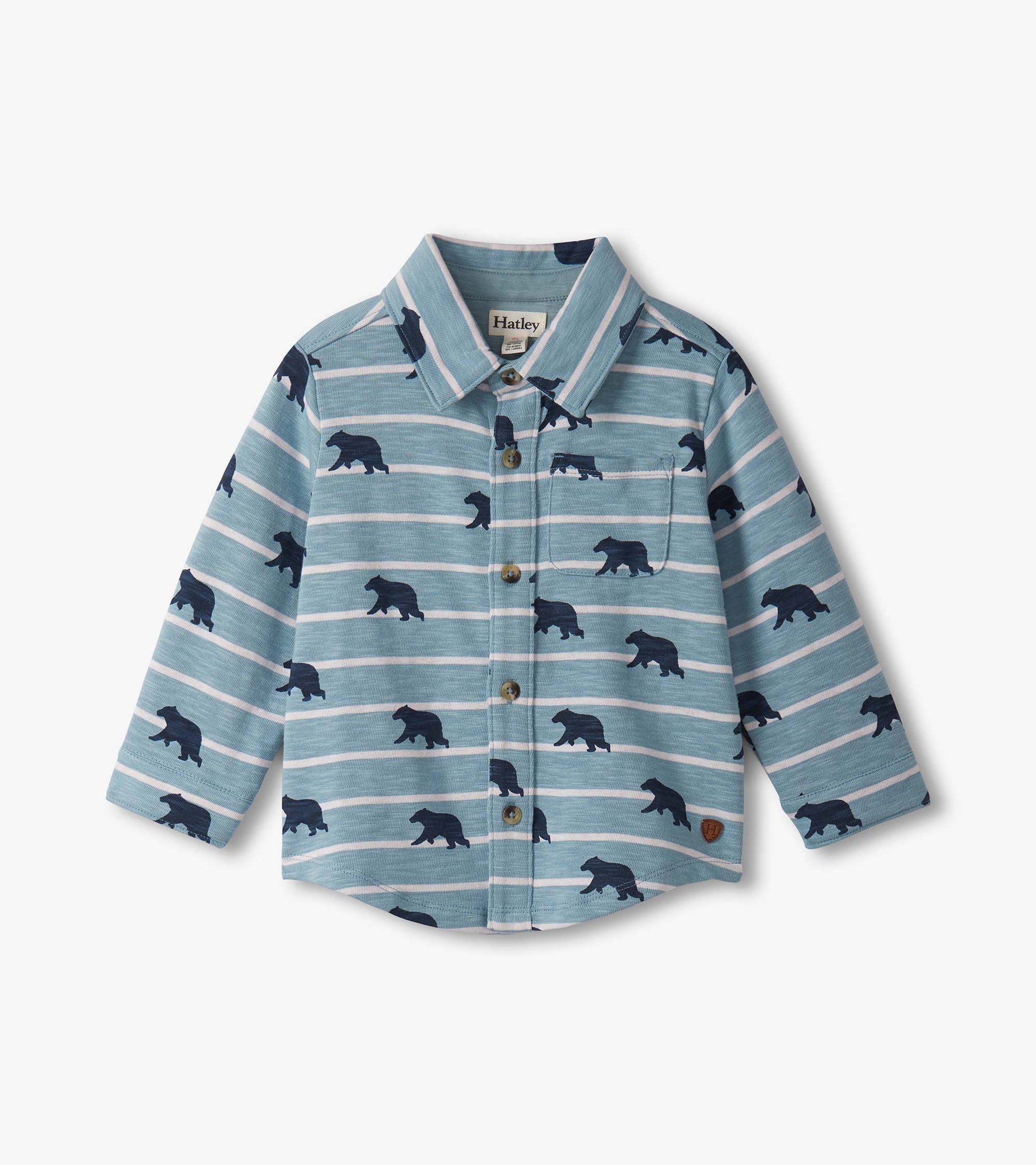 Light blue button-down shirt featuring navy bear silhouettes and horizontal stripes, suitable for baby and toddler boys.