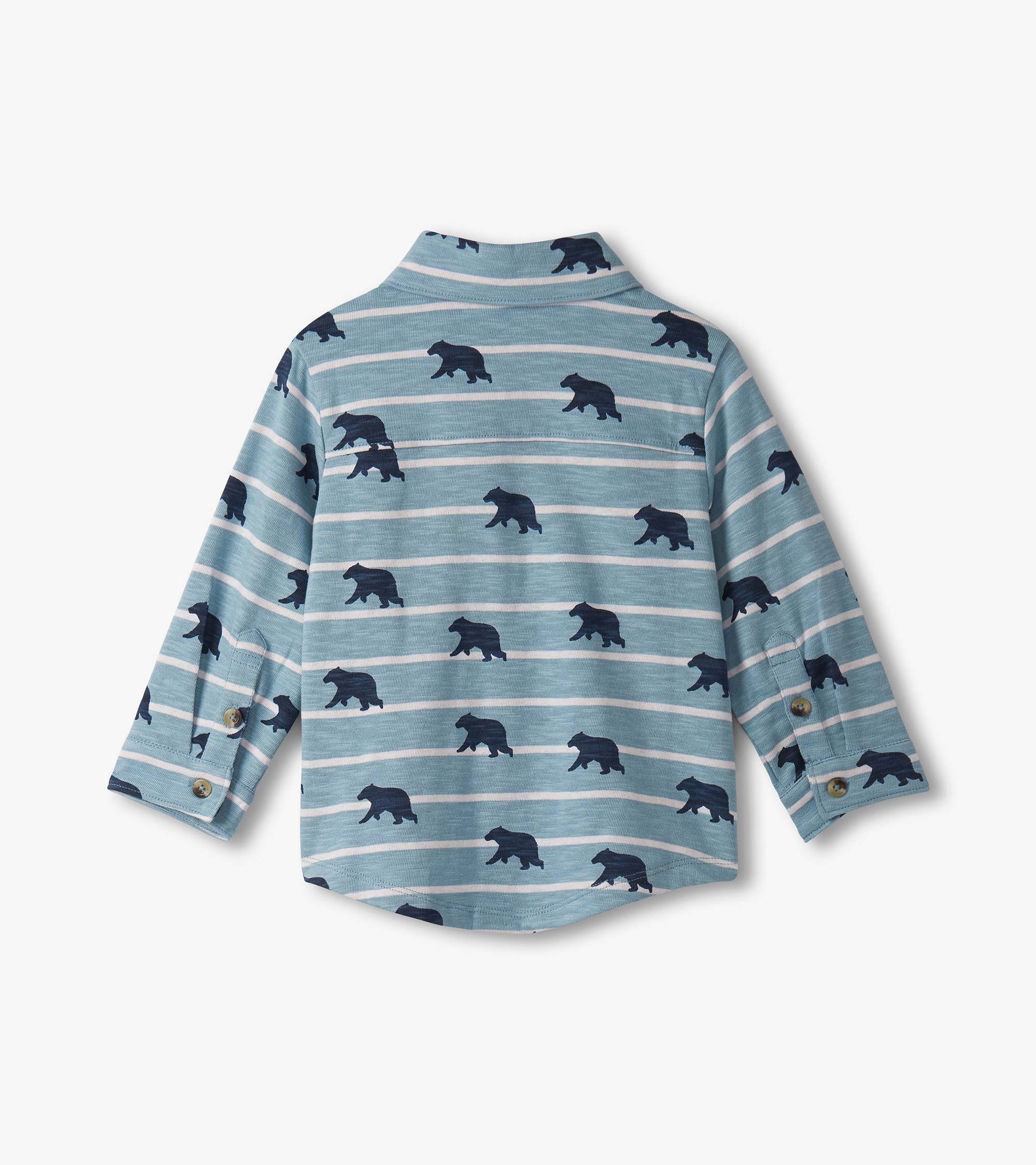 Light blue button-down shirt featuring navy bear silhouettes and horizontal stripes, suitable for baby and toddler boys.