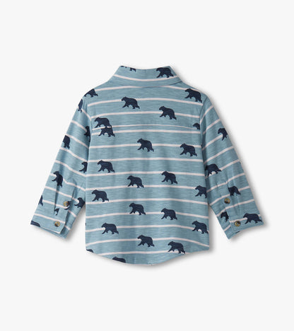 Light blue button-down shirt featuring navy bear silhouettes and horizontal stripes, suitable for baby and toddler boys.