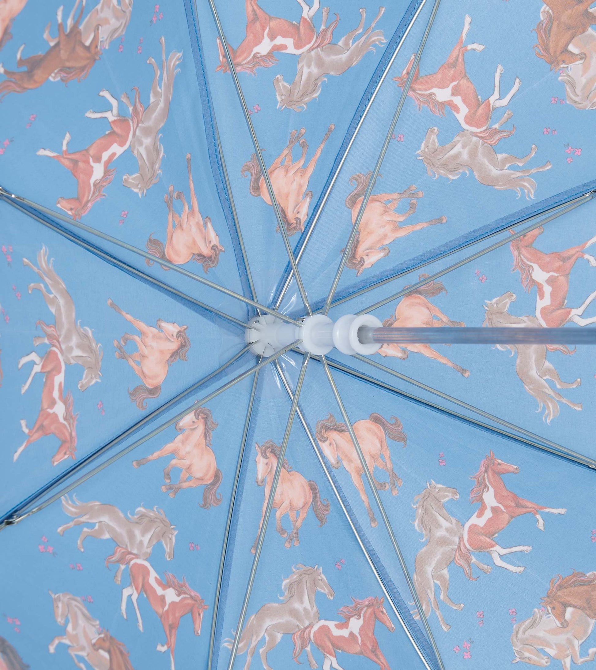 Light blue umbrella featuring playful horse illustrations and floral accents, designed for girls.