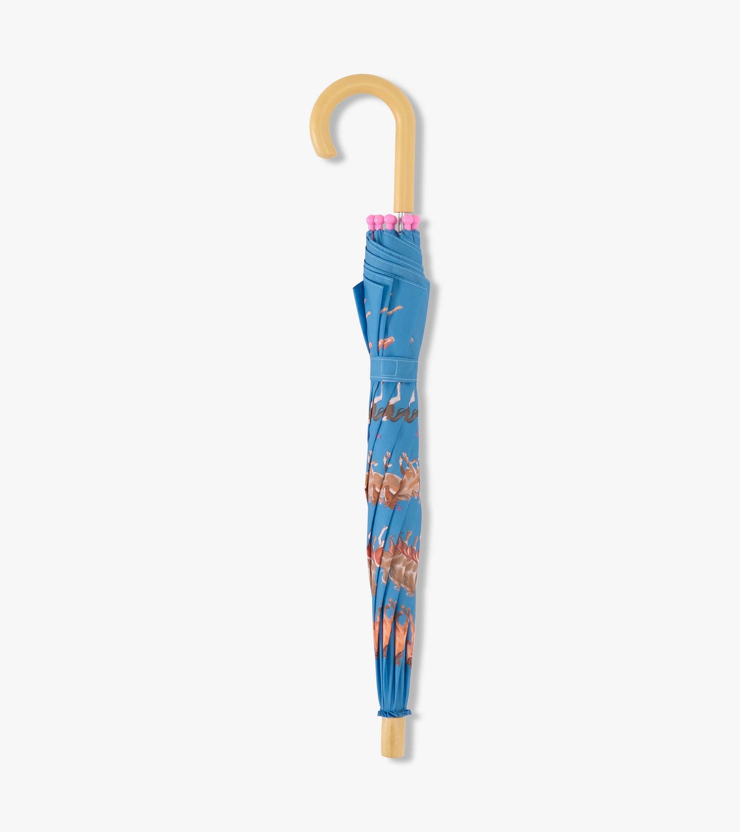 Blue umbrella featuring tinsel horses design, with a curved wooden handle and pink accents.