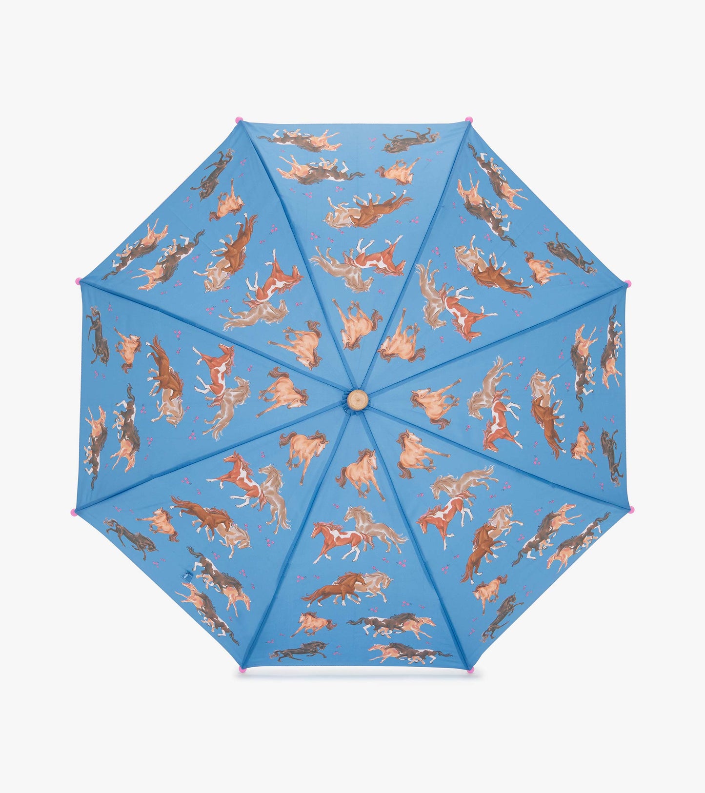 Blue umbrella featuring a playful pattern of galloping horses and floral accents.