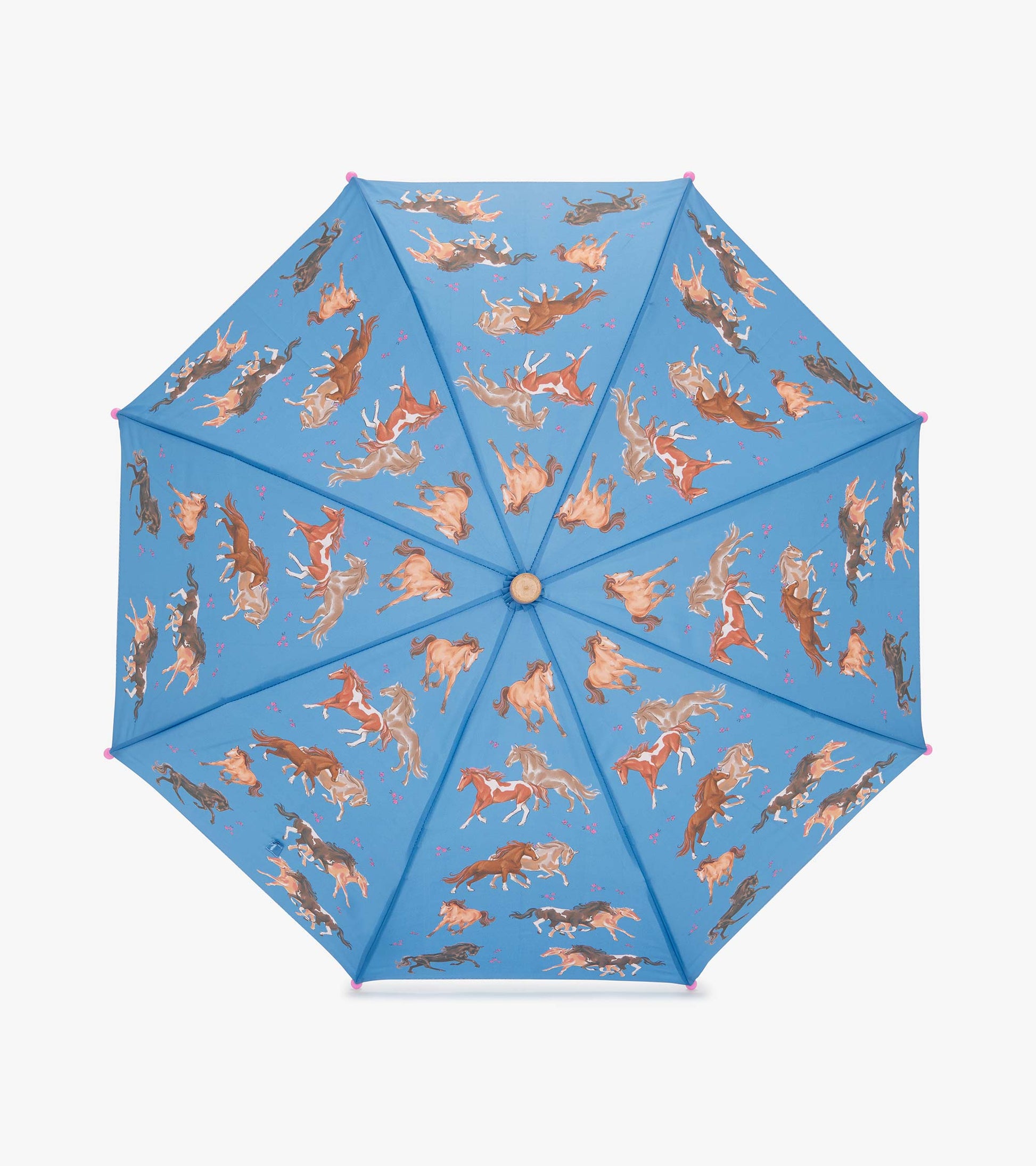 Blue umbrella featuring a playful pattern of galloping horses and floral accents.