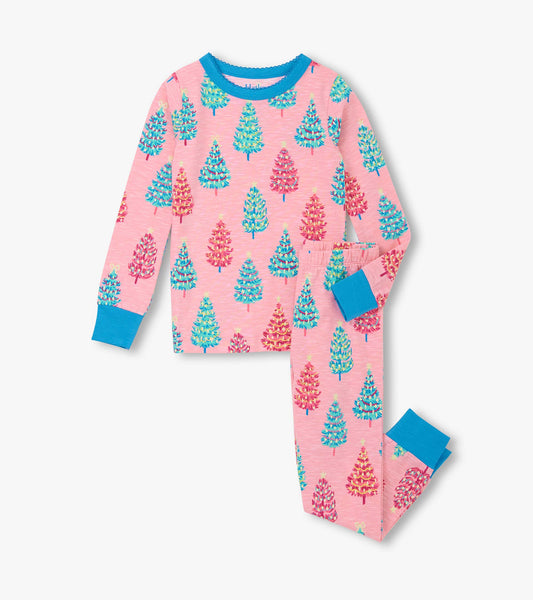 Girls Pink Bottle Brush Trees Glow in the Dark Cotton Pajama Set