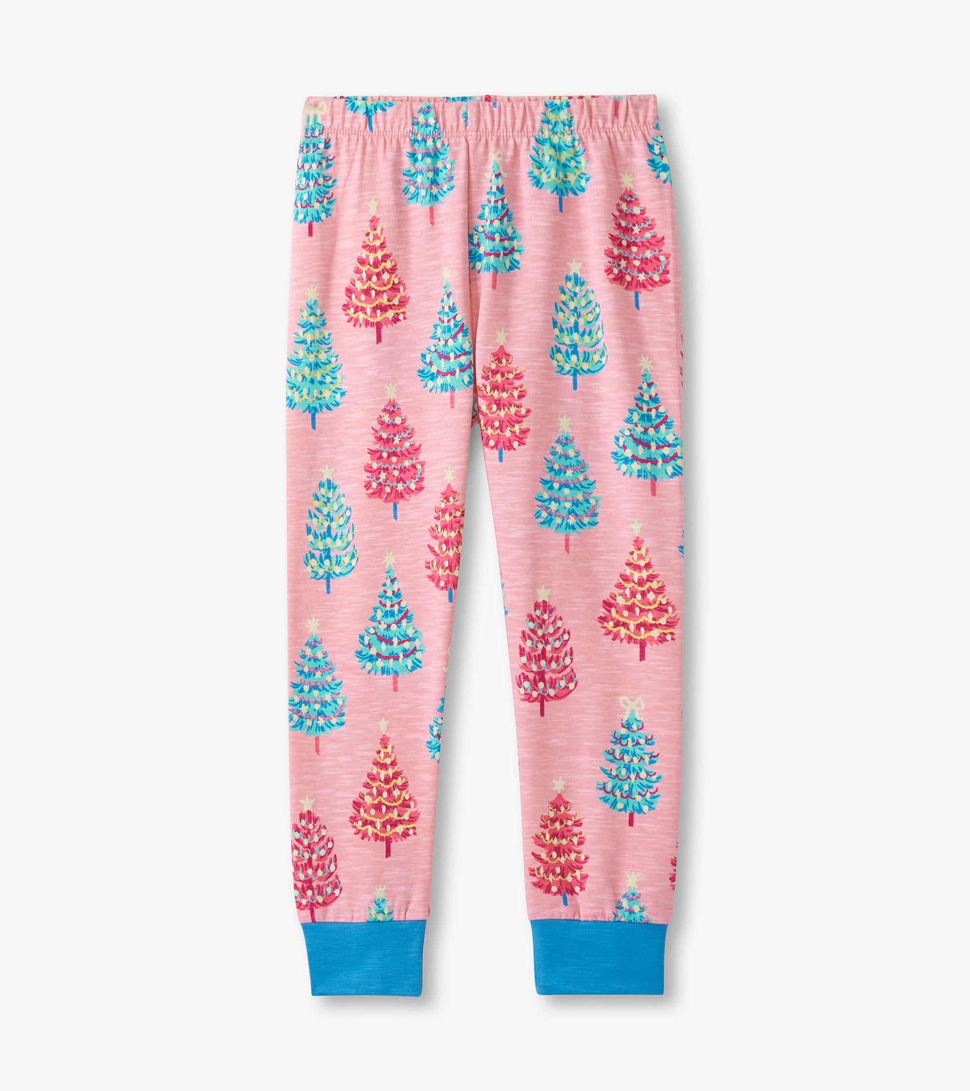 Pink pajama pants featuring colorful bottle brush tree patterns and blue cuffs. Elastic waistband for comfort.