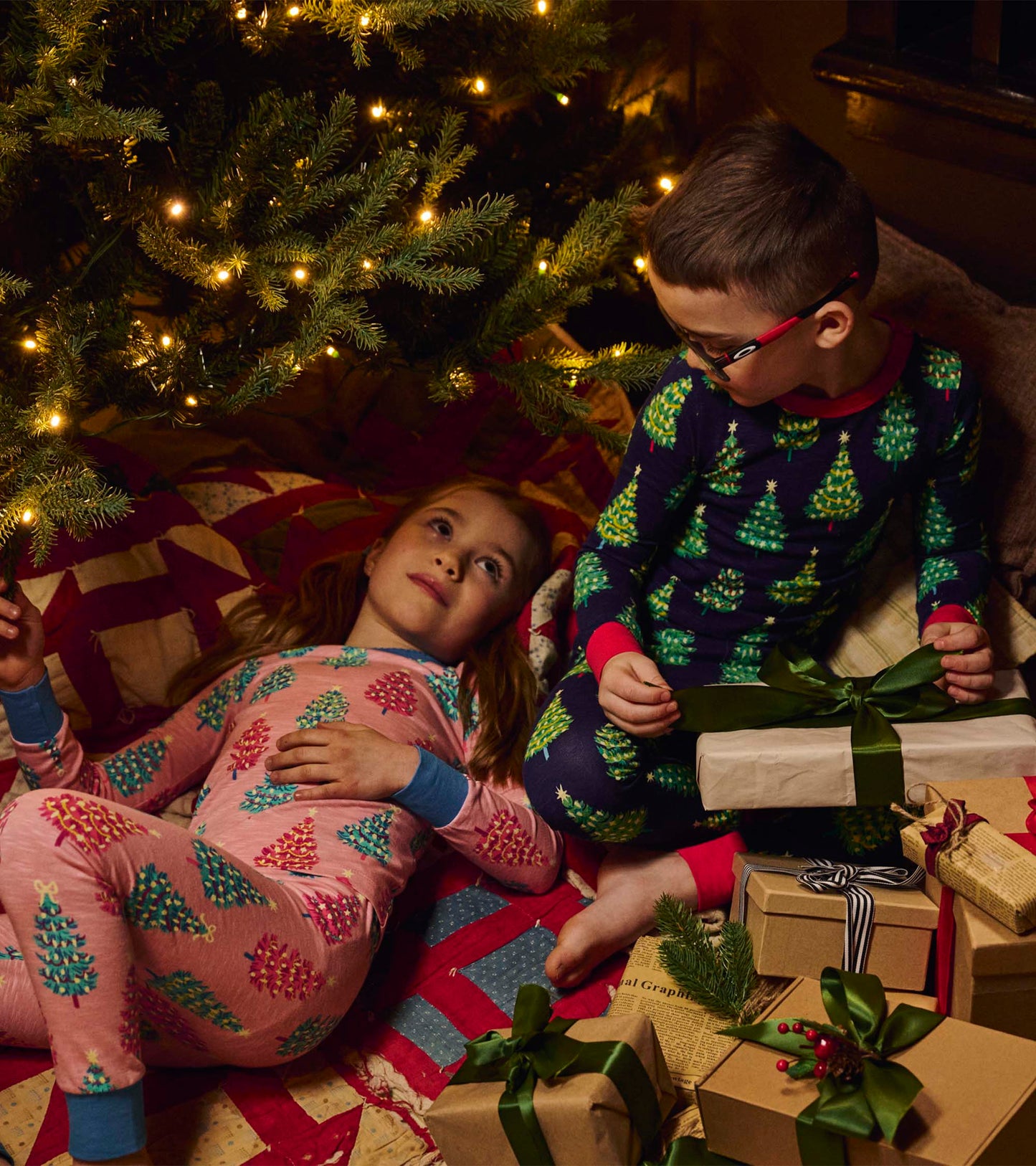 Girls Pink Bottle Brush Trees Glow in the Dark Cotton Pajama Set