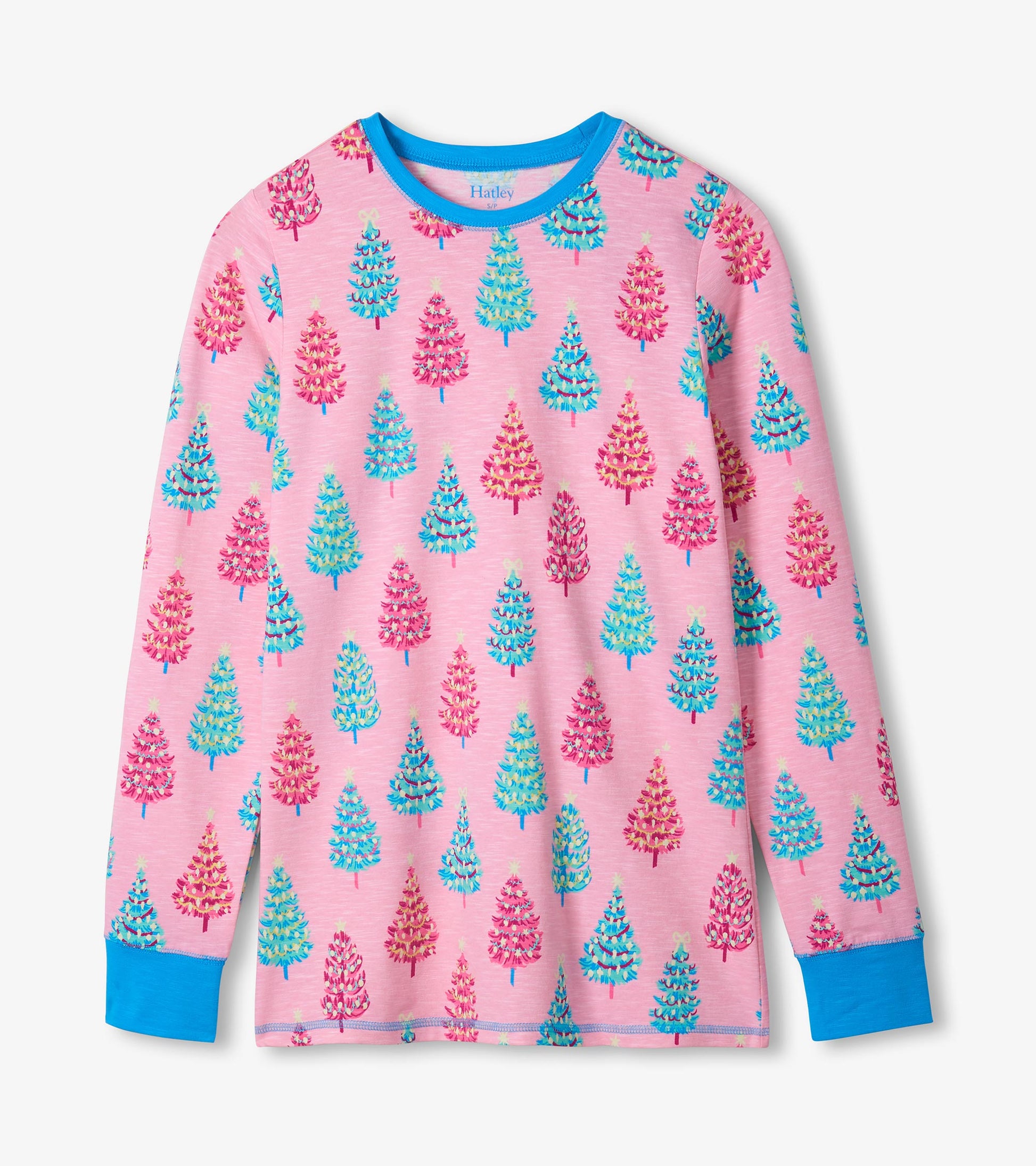 Pink cotton pajama set featuring colorful bottle brush tree patterns and blue accents on the cuffs and neckline.